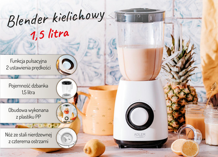 Blender Kielichowy 1000W AS Plastik Bez BPA 2 Prędkości Pulsacyjna Nóż 4 Ostrza Antypoślizgowe Nóżki Bezpiecznik 1,5L - Adler Europe AD4085