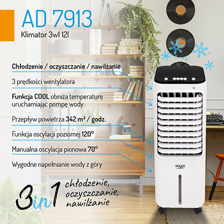 KLIMATOR 3w1 350W CHŁODZENIE/OCZYSZCZANIE NAWILŻANIE ADLER AD7913