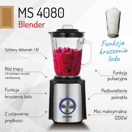 BLENDER KIELICHOWY DO KOKTAJLI 1200W/1,5L SZKLANY | MESKO MS4080