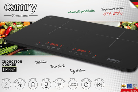 KUCHENKA ELEKTRYCZNA INDUKCYJNA DWUPALNIKOWA 3500W PŁYTA NA PRĄD CAMRY | CR6514