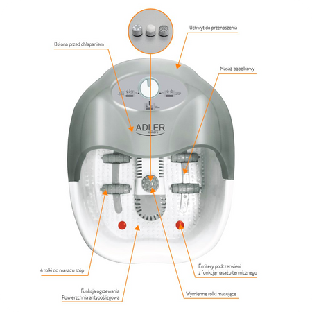 Wodny Masażer do Stóp Adler AD2167 - Hydromasażer z Podczerwienią, 4 Rolki i 3 Nasadki