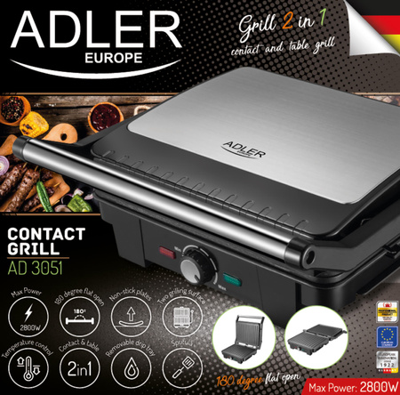 GRILL OPIEKACZ ELEKTRYCZNY XXL 2800W 29x24cm ADLER | AD3051