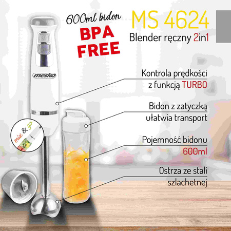 BLENDER RĘCZNY 1000W POJEMNIK BIDON BPA FREE MESKO MS4624