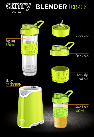 BLENDER DO SMOOTHIE OSOBISTY PERSONALNY KIELICHOWY KRUSZY LÓD 800W 4 OSTRZA BPA FREE 570ml 400ml CAMRY | CR4069