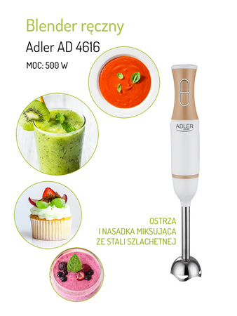 BLENDER RĘCZNY 500W STALOWE OSTRZA 2 PRĘDKOŚCI | ADLER AD4616